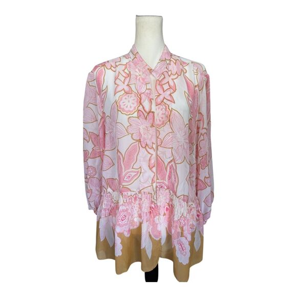 Pink Floral Boho Spring Cottagecore Flowy Smocked‎ Fairy Cardigan Top L - Picture 1 of 13